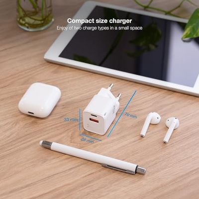 Cargador de Pared 20W USB-C/PD y USB-A/QC, Compacto y versátil, Ideal para Cargar Dispositivos móviles y electrónicos de Forma rápida.