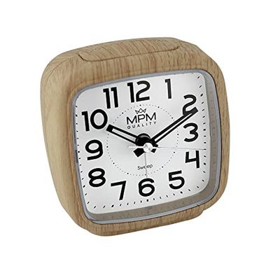 MPM Quality Despertador de plástico de diseño, Color Madera, Moderno, analógico, Alarma Ascendente, función de repetición, luz Nocturna, decoración de Mesa para el hogar, Dormitorio, Oficina