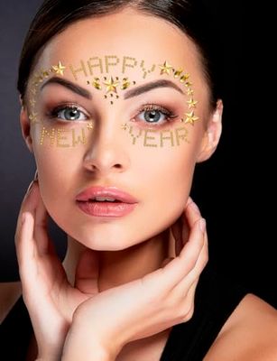 FIESTAS GUIRCA | Joyas Faciales Adhesivas Happy New Year - Accesorio de Maquillaje para Fiestas de Fin de Año y Celebraciones - Ideal para Navidad y Año Nuevo - Para Niños y Adultos - Oro