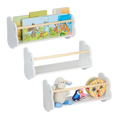 Relaxdays Children's Bookshelf, Set of 3, Cloud Design, Wall-Mounted Kids Shelves, HxWxD: 24 x 50 x 18 cm, White/Natural, Fibreboard, Wood