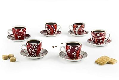 Excelsa Mandala Red Juego de 6 Tazas de café con platillo, Porcelana