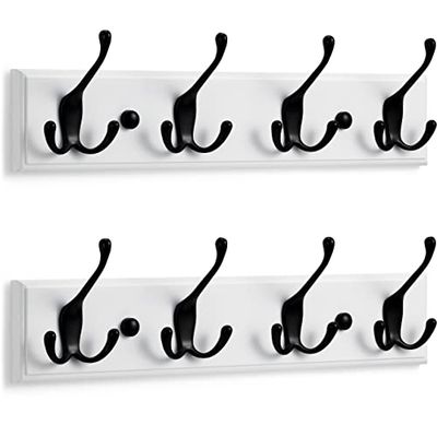 LARHN White Coat Hooks - Wall Mounted Coat Rack (2-Pack) - 4 Triple Black & White Coat Hooks for Wall - 42 cm - All Fixings Included for Quick & Easy Installation