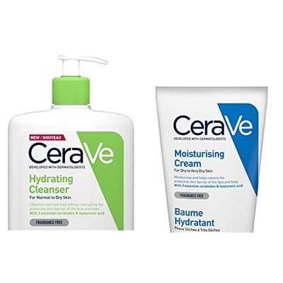 CeraVe Hydrating Cleanser for Normal to Dry Skin 1 Litre with Hyaluronic Acid and 3 Essential Ceramides & Moisturising Cream for Dry to Very Dry Skin 177ml with Hyaluronic Acid & 3 Essential Ceramides