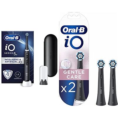 Oral-B iO5N Cepillo de Dientes Eléctrico con Mango Recargable - Negro, 1 Unidad & iO Gentle Care Recambios para Cepillo de Dientes Eléctrico, Pack de 2 Cabezales, Negro - Originales