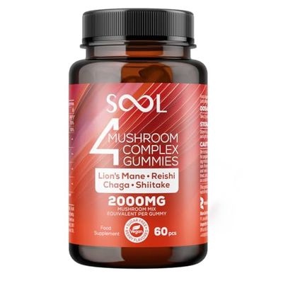 SOOL Complexe de 4 Champignons Goût Fruits Rouges 2000mg, 60 Gélules: Chaga, Reishi, Shiitake, Lions Mane | Nootropique I Memoire et Concentration I Complément Alimentaire I Saveur de Fruits Rouges
