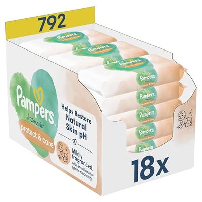 Pampers Harmonie Protect & Care Lingettes Pour Bébé 18 Paquets De 44 Lingettes = 792 Lingettes Pour Bébé, Aide à restaurer le pH naturel de la peau