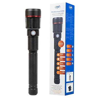 PNI LED Torch Adventure F450 Made of Aluminum with Focus and Boost Function, 20 W led, 1500 lm up to 450 m, Power Bank with USB Output, Micro USB Charging, 4400 mAh Battery Included