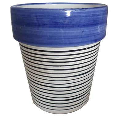 Ceramiche Angela Rinaldi – Vaso in Ceramica di Vietri dipinto a mano per piante Maiolica Design Terracotta Coccio Cachepot (Altezza cm. 25, diametro cm. 22, blu + linee nere doppie)