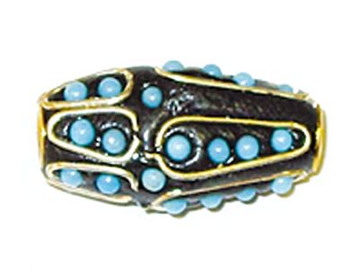 Perle métallique avec aluminium intérieur et pièces incrustées tonneau noir et bleu diam.14x30mm. 50u. 3,25mm.