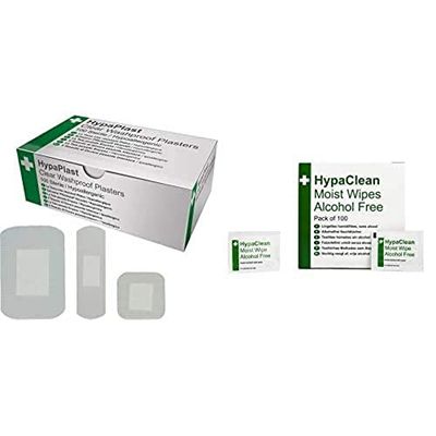 Safety First Aid Group HypaPlast Clear Washproof Assorted (Pack of 100) with Moist Wipes, Alcohol Free (Pack of 100) Bundle