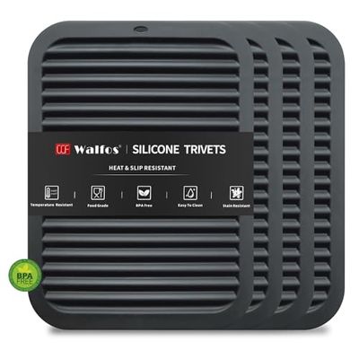 Walfos Silicone Trivets for Hot Pots and Pans - 446°F Heat Resistant Hot Pads for Kitchen Counter- 4 Pcs Multi-Purpose & Versatile Trivet Mat - Long-Lasting & Flexible Silicone Hot Pad(Black)