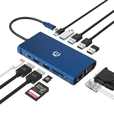 OBERSTER Docking station USB C, 12 in 1, triplo display HUB con 2 x 4K HDMI, VGA, 2 porte USB 3.0, USB C Gigabit Ethernet (1 Gbps), compatibile con Windows, Laptop