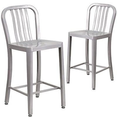 Flash Furniture Conjunto de 2 bancos, metal, uso interno e externo, 61 cm de altura, suporte vertical para talas, qualidade comercial, cor prateada
