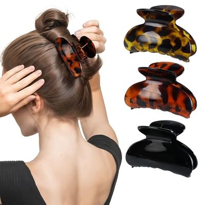 Lot de 3 pinces à cheveux résistantes - Plastique noir et léopard - Barrettes griffes pour femmes 7cmx4cm