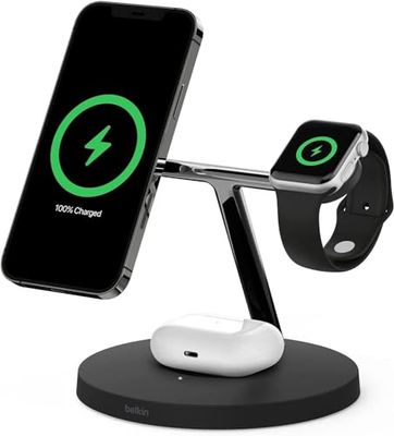 Belkin BoostCharge PRO 3-i-1 trådlös laddare med MagSafe för iPhone 16, iPhone 15, 14, 13 och 12 + Apple Watch + AirPods (laddar iPhone 16, iPhone 15, 14, 13 och 12 modeller upp till 15 W)