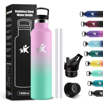 KollyKolla Botella Agua Acero Inoxidable 1L, Botella Termica con Pajita y Filtro, Reutilizable, Cantimplora sin BPA, Prueba de Fugas, Termo para Senderismo, Adultos, Escuela, Deporte, Gimnasio