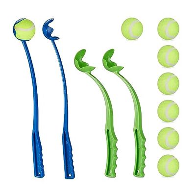 Relaxdays Lancia Palla per Cani, Set da 4 Giocattolo Ball Launcher per Animali Domestici, 8 Palline da Tennis, Blu Verde