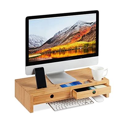 Relaxdays Suporte para monitor, elevador com 2 gavetas para secretária, de bambu, escritório, 12 x 56 x 27 cm, castanho natural