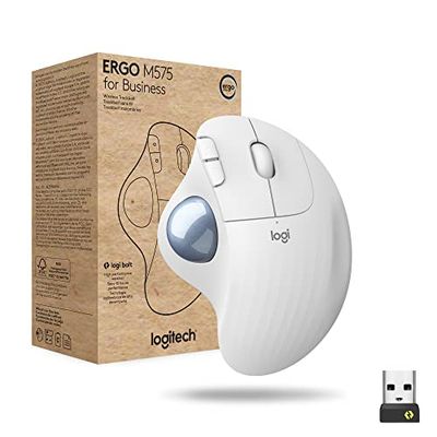 Logitech ERGO M575 Trackball wireless for Business - Controllo facile con il pollice, design ergonomico, Logi Bolt sicuro, Bluetooth, certificazione globale, Windows/Mac/Chrome/Linux - Bianco