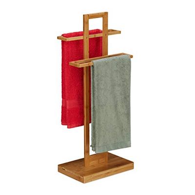 Relaxdays Portasciugamani da Terra Bambù, Arredo Bagno, Design Naturale, 2 Bracci per Asciugamani, Accappatoi, Marrone