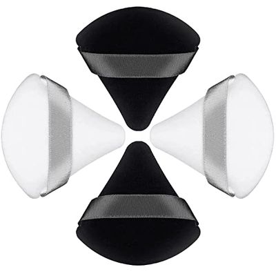 4 Pcs Triangle Powder Puffs, Reusable Triangle Sponges with Strap, Soft and skin friendly for Loose Powder Body Eyes Cosmetic Foundation Wet Dry Makeup Tool(Black+White)