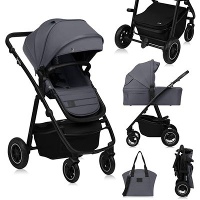 LIONELO AMBER PLUS 2-in-1 wandelwagen voor kinderen van 0 tot 4 jaar tot 22 kg met XL-gondel, verstelbare rugleuning, 5 punts banden grote offroad-wielen 360 o schuur XXL demping wandelwagen (grijs