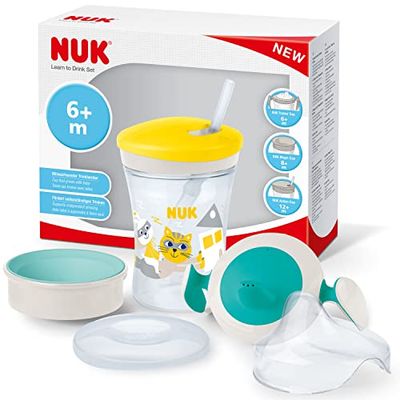 NUK 10255638 3-in-1-trainingsset Inclusief Trainer Cup (6+ maanden) Magic Cup sippy cup (8+ maanden) Action Cup voor peuters (12+ maanden) 230 ml BPA-vrij Kat (geel),1 Stuk (1er-pakket)