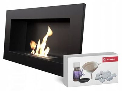 KRATKI Golf Indoor Bio-ethanol haard + kiezelstenen + trechter + aromatherapieset Biocontainer voor wandmontage 0,2 l TÜV-gecertificeerd gepoedercoat staal met beglazing 37 x 64 cm