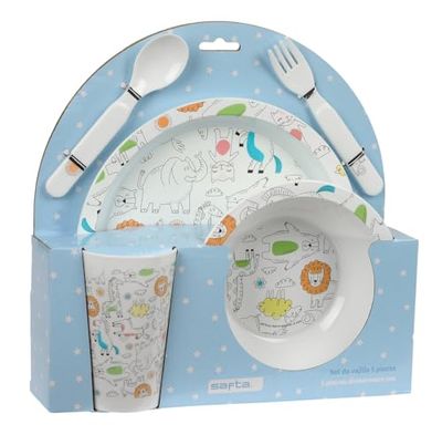Safta PREESCOLAR ZOO - Set d'assiettes et couverts, pack assiette, couvert, bébé, initiation, repas confortable et polyvalent, 26 x 9 x 26 cm, beige, M, Décontracté