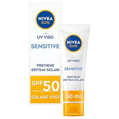 NIVEA SUN Crema UV Viso Sensitive SPF50 50 ml, Crema solare viso 50 per pelli sensibili, Protezione solare viso contro le allergie solari, Crema viso SPF 50 senza profumo dalla texture leggera