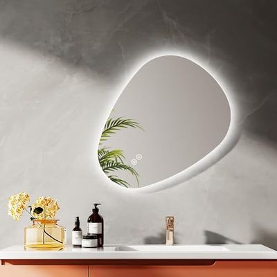 EMKE Miroir de Salle de Bain avec éclairage, 60 x 45 cm, Miroir LED asymétrique, Interrupteur Tactile, 3 Couleurs de lumière réglables, Miroir Anti-buée