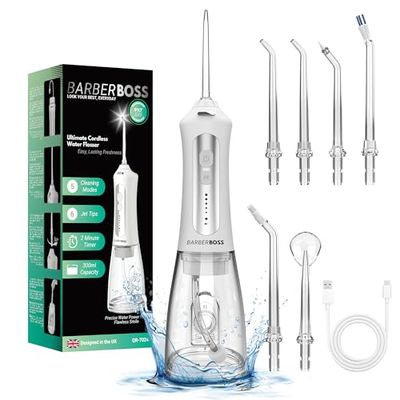 BarberBoss Idropulsore, Idropulsore dentale, Idropulsore dentale elettrico, Idropulsore dentale con 5 ugelli e modalità di pulizia, Idropulsore orale portatile, Pulitore per denti, QR-7024, (Bianco)