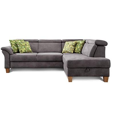 CAVADORE - Divano letto Ammerland con ottomana a destra, in stile country, con poggiatesta regolabile, letto e cassettone, 245 x 84 x 194, effetto pelle, colore: grigio scuro