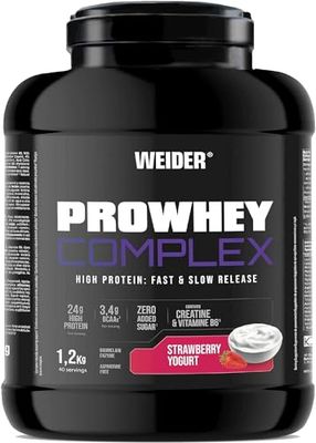 Weider ProWhey Complex (1,2kg) Goût Yaourt à la Fraise. Formule à base de Concentrés & Isolat de Protéine de Lactosérum + Caséinate, 3,4g BCAA/dose, Créatine, L-Glutamine, MCT, Vitamine B6, Bromélaïne