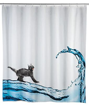 Wenko 20052100 - Cortina de Ducha con Efecto antimoho y Antibacterial, diseño de Gato, de poliéster, 180 x 200 cm, Color Blanco