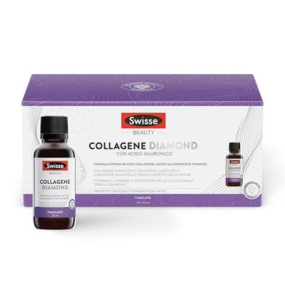 SWISSE Collagen Diamond - Integratore Collagene e Acido Ialuronico Liquido, Collagene Idrolizzato da Bere con Vitamina C ed E, Integratori con Vitamine e Estratto di Semi d'Uva, 10x30ml Made in Italy
