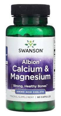 Swanson - Albion® CHELATED CALCIUM & MAGNESIUM | Albion Calcio y Magnesio Quelados | Apoya la fuerza ósea y la salud del corazón - 60 Cápsulas