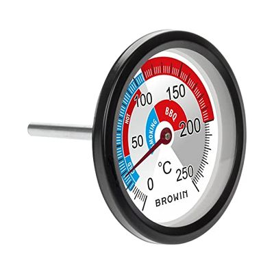Browin 102200 termometer för BBQ-rökkammaren, mätområde från 0° till +250 °C, analog termometer för rökkammare och grill, rostfritt stål