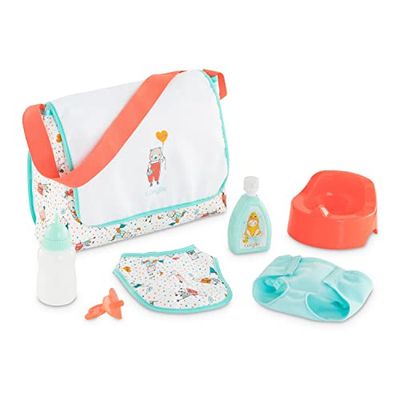 Corolle Mon Grand Poupon 9000141300 luiertas, accessoires, 7 delen, 2-in-1 luiertas en onderlegger, luiers, crème, bodylotion, potje, fles en slabbetje voor poppen van 36-42 cm, vanaf 2 jaar