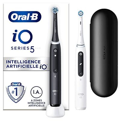 Oral-B iO 5 Brosses A Dents Electriques Noire Et Blanche, Lot De 2, 5 Modes De Nettoyage Avec Blancheur, Doux Pour Gencives, Conseils De Brossage, Brossette Oral B De Rechange, Chargeur, Etui