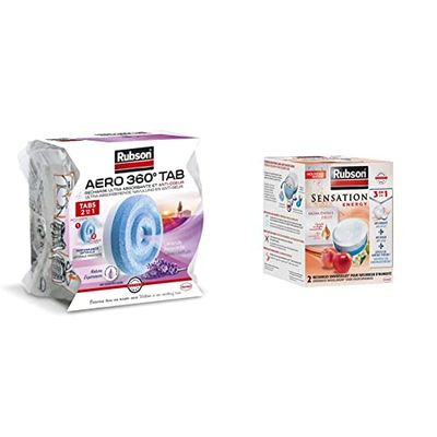 Rubson AERO 360° 1 recharge en tabs parfum lavande relaxante, recharge pour absorbeur d'humidité, 1 x 450 g & Sensation Energy, 2 Recharges universelles de 300 gr pour absorbeur d'humidité