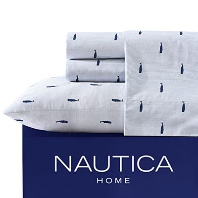 Nautica - Set copripiumino matrimoniale, percalle di cotone, croccante e fresco, leggero e traspirante (strisce balena, blu, matrimoniale)