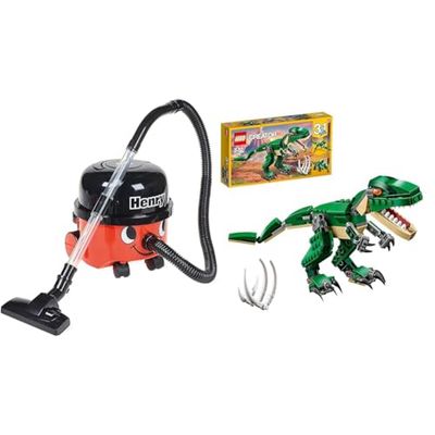 Casdon Henry & Hetty Toys - Henry Vacuum Cleaner - Red Vacuum Cleaning Toy with Real Function & LEGO 31058 Creator Mighty Dinosaurs Toy, 3 in 1 Model, T. rex