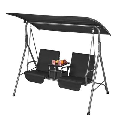 VEVOR 2-sitsig terrassgunga, utomhusgunga med justerbar verandabaldakin, förvaringsväska, roterande bricka, oxfordtyg, legerat stål, ram för balkong, trädgård, pool, svart
