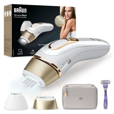 Braun IPL Silk-Expert Pro 5, depilación casera con funda, cabezal de precisión y maquinilla de afeitar Venus, alternativa a la depilación láser, regalo para mujer, blanco/dorado, PL5137