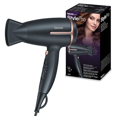 Beurer HC 25 Sèche-cheveux de voyage pliable avec fonction ionique, puissant, pour des cheveux doux et souples, pour les déplacements, 1 600 watts, adaptation mondiale de la tension 110-120/220-240 V