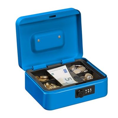 Relaxdays caudales numérica Caja Dinero, Combinación 3 Números, Bandeja para Monedas, Cajita Registradora Hierro, 8,5 x 20 x 17 cm, Azul