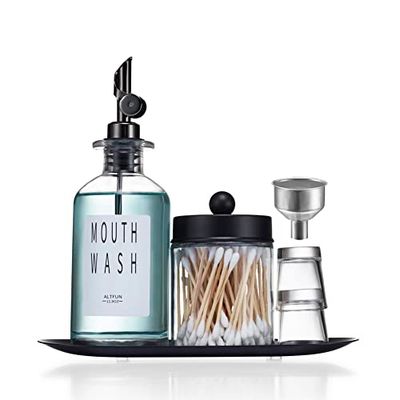 Altfun Dispenser per collutorio per bagno, contenitore per collutorio in vetro con supporto Qtip, bottiglia di vetro da 334,5 g, dispenser ricaricabile per collutorio con vassoio, tazze e imbuto