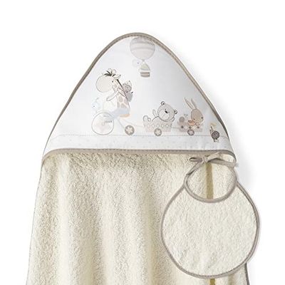 Interbaby - Capa de Baño Bebe Beige + Babero | Toalla Bebe con Capucha 100% Algodón, 100x100cm, Unisex | Suave, Cómoda, Ideal Recién Nacidos, Bebes y Niños Pequeños | Diseño Jirafa Bicicleta