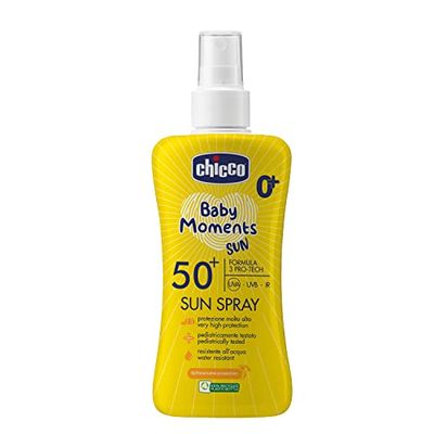 Chicco Latte Spray SPF 50 +, Słoneczny spray do doskonałej ochrony, dla wrażliwej skóry dziecka, chroni przed promieniowaniem słonecznym, lekki i wodoodporny, nawilżający, 150 ml